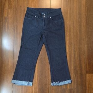 PATAGONIA DARK BLUE CROPPED DISTRESSED ROLLED FRAYED HEM IRON CLAD JEANS 28